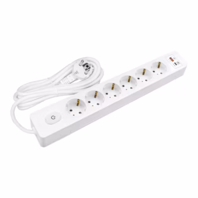 Multiprise SELDUR G6TH32B, 6 prises type F + interrupteur, USB A+C charge rapide 20W, Blanc, câble 3m