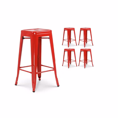 Lot de 4 tabourets de bar en métal rouge brillant style industriel   Sans dossier   Hauteur 66 cm
