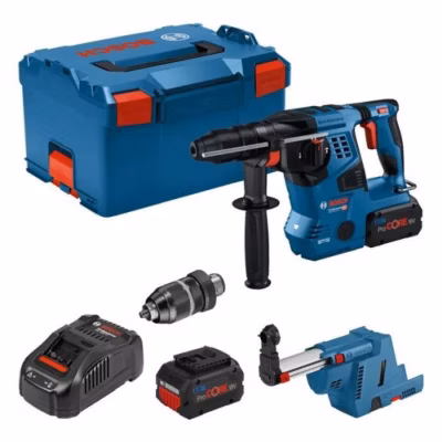 Perforateur Bosch Professional GBH 18V-28CF 3,3J avec dispositif d&rsquo;aspi GDE 18V-16, 2 batt ProCore 8,0Ah, Chargeur, Llbox 061192