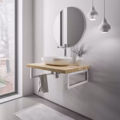 Plan de toilette sous vasque chêne massif 80x52x18cm (LxPxH) + 2 portes serviette Chrome – PUREWOOD