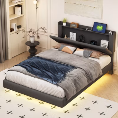 Lit Double 140×200 cm – Lit avec Éclairage LED Changeant et USB Intégré, avec Rangement, Tissu Lin Gris, Sans Matelas