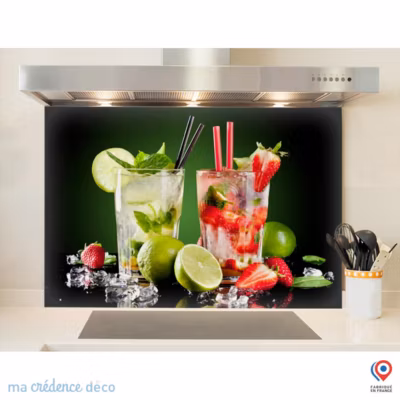 Crédence cuisine fond de hotte Mojito et Cocktails – Verre trempé – L 90 cm x H 70 cm – MaCrédenceDéco