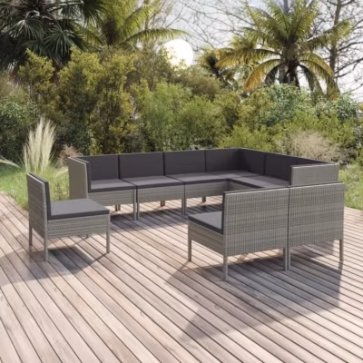 vidaXL Salon de jardin, 9 pcs avec coussins, Résine tressée Gris
