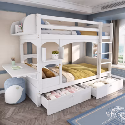 Lit superposé enfant 90×200 cm – Avec bureau pliable et étagères – Avec échelle et 2 tiroirs – Blanc (matelas non inclus)