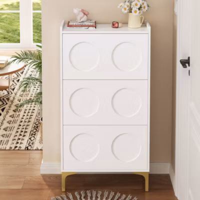 Meuble à chaussures 63 cm blanc avec portes basculantes, pieds métal doré et design vertical élégant