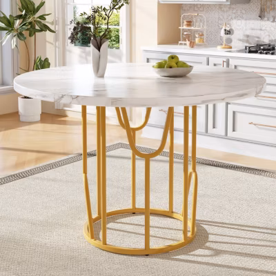 Table à Manger Ronde – Effet Marbre Blanc avec Pieds Dorés, Table design pour 4 à 6 Personnes en MDF et Métal, 80 x 80 x 76 cm