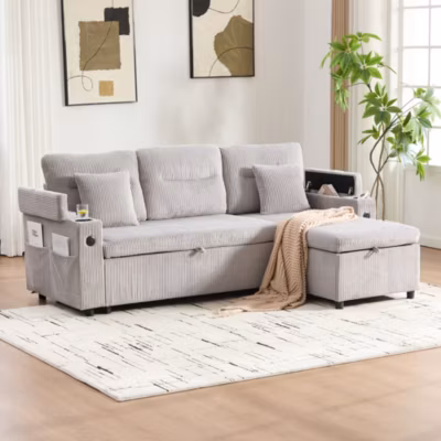 Canapé Convertible 3 Places avec Rangement Hydraulique et Porte-Gobelet, Velours Côtelé, 212,5 x 136 x 86 cm – Gris Clair