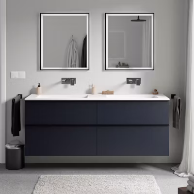 Meuble vasque suspendu MDF Bleu nuit mat, lavabo fonte Blanc mat sans trou robinet, poignée Chrome – 160x46x62cm – LAVOA