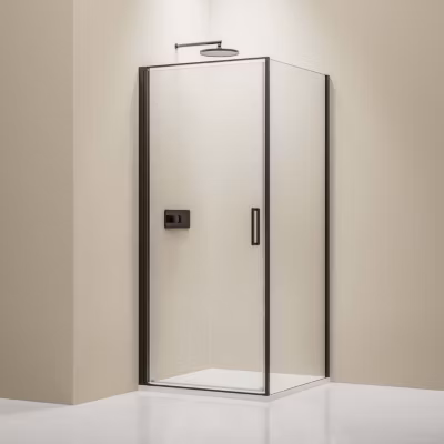 Cabine de douche d&rsquo;angle 90x80x195cm (LxPxH) verre 8mm, 1 porte battante 90cm, Profilé noir mat – NT416