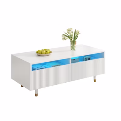 Table basse LED moderne avec plateau ondulé, pieds or-blanc, 2 tiroirs et bande lumineuse RGB. Meuble TV assorti disponible.