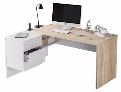 Bureau + caisson avec 3 tiroirs Chêne canadian / Blanc Artik- 73 x 145 x 108 cm -PEGANE