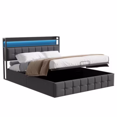 Lit 140×200 avec Sommier, Cadre de lit avec Éclairage LED et 2 Prises CA & 2 Ports USB,Tissu en Lin, Gris