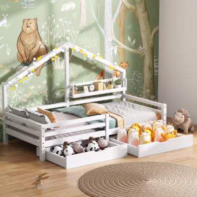 Lit enfant 90×200 cm – avec 2 Tiroirs de Rangement et Toit Cabane, Bois Massif, Blanc, Sans Matelas