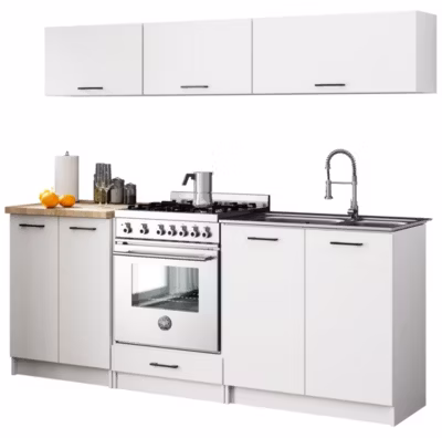 Ensemble de cuisine : blanc, D : l : 200 cm, h : 174 cm, p : 46 cm.