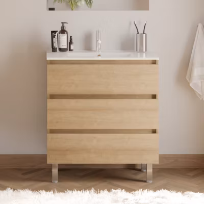 Meuble de salle de bain 60cm simple vasque – sans miroir – 3 tiroirs – nebraska (bois clair) – MAYOR