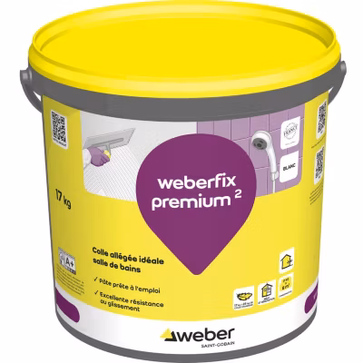 Colle allégée pour carrelage spéciale salle de bain WEBER.FIX PREMIUM ² (D2 ET) – Le Seau de 17 Kg – BLANC