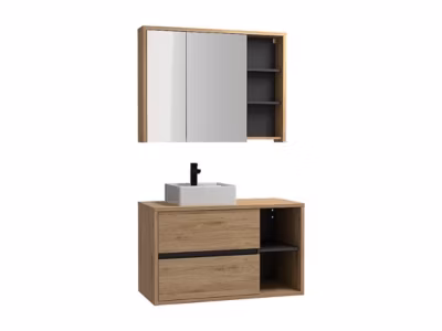 Meuble de salle de bain suspendu avec vasque carrée et armoire de toilette – coloris naturel – 100 cm – PURNAL