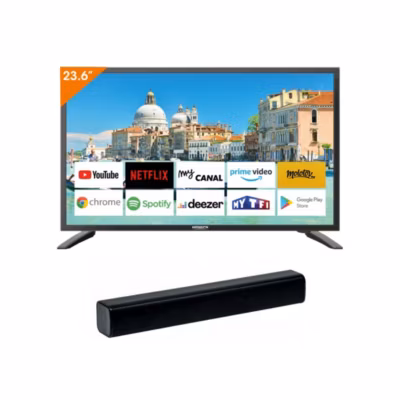 Pack  TV LED 23.6&Prime; 60cm Téléviseur SMART TV 12V + Barre de Son 30W ANTARION