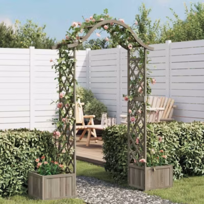 Pergola de jardin avec jardinière,Porte de jardin,Portail de clôture Gris Bois pin massif