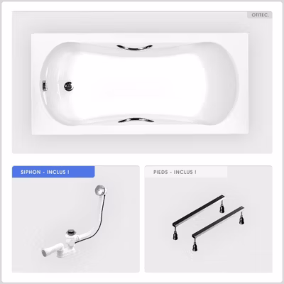 Baignoire rectangulaire – 160 x 70 cm – sans Habillage – avec Pieds – Poignées – Vidage Chrome – ARIA PLUS