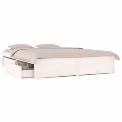 Lit double, Lit adulte, Cadre de lit sans matelas avec tiroirs blanc