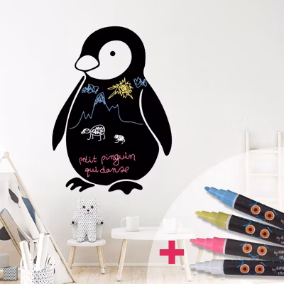 Sticker ardoise tableau noir – stickers muraux adhésif effaçable – PINGOUIN + 4 CRAIES LIQUIDES – 160x115cm