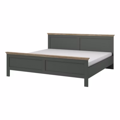 Lit adulte 180×200 collection ASSIA. Coloris vert kaki et finitions aspect chene