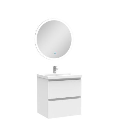 Ensemble meuble Salle de Bain Blanc 50cm simple vasque + miroir lumineux rond