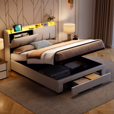 Lit coffre 140×200 cm, capitonné, tête de lit avec rangement caché, tiroirs, bande lumineuse, port USB, velours blanc