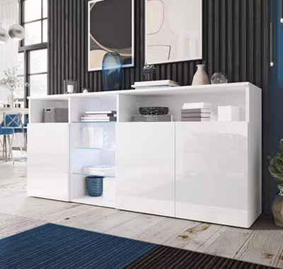 Buffet bas moderne – 3 portes – LED bleu – Blanc brillant – 150x35x72 cm