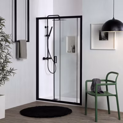 Porte de douche niche coulissante 110 cm noir mat verre trempé 6 mm transparent – city