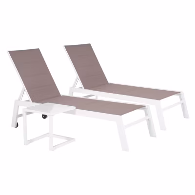 Set 2 bains de soleil et table d&rsquo;appoint BARBADOS en textilène taupe – aluminium blanc – HAPPY GARDEN