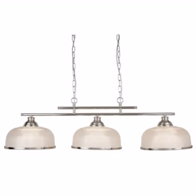 Searchlight Bistro – Suspension à 3 ampoules au plafond, argent satiné, blanc avec abat-jour en verre, E27