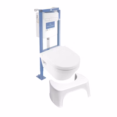 Pack WC suspendu sans bride VILLEROY ET BOCH Architectura Directflush + abattant + plaque blanche + bâti  + Tabouret blanc