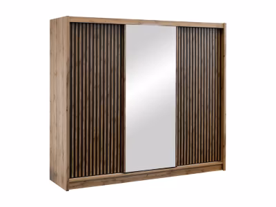 Armoire 3 portes coulissantes – Avec miroir – L250 cm – Coloris : Naturel et noir – CALOWI
