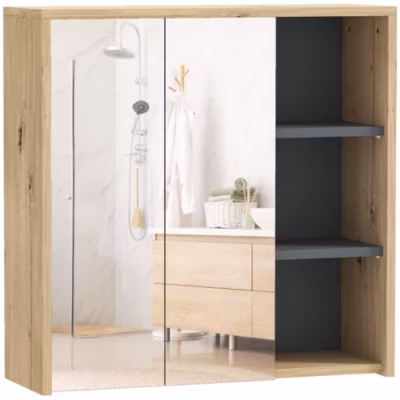 Armoire miroir de salle de bain – 2 portes, étagère, 3 niches – dim. 60 x 20 x 60 cm – effet bois clair naturel