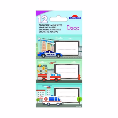12 étiquettes adhésives scolaires – Rectangle – Voiture de police, camion de pompier