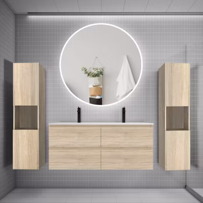 Ensemble meuble double vasque L.120cm 4 tiroirs + lavabo + LED miroir rond 120cm + 2 colonne,chêne A