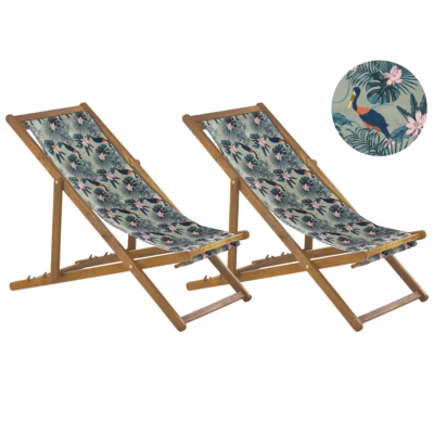Lot de 2 chiliennes pliantes ANZIO avec tissus de remplacement Motif animal Acacia Marron clair