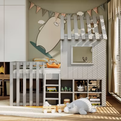 Lit mezzanine 90×200 cm avec maison de jeu, échelle intégrée et rangements modulables en bois massif gris