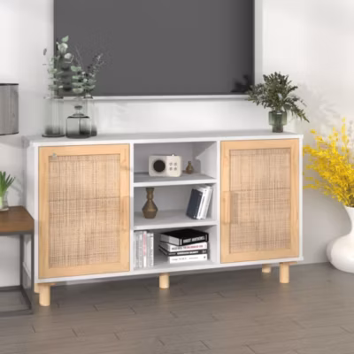 Buffet-Meuble de rangement Blanc 105x30x60 cm Bois de pin massif et rotin naturel