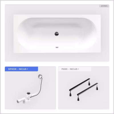 Baignoire rectangulaire – 150 x 75 cm – sans Habillage – avec Pieds – Vidage Chrome – VITAE SLIM