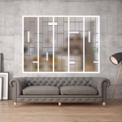 Verrière 5 verres Chicago – L x H : 168 x 125 cm – Laqué blanc 9003 granité – verre Sahara inclus