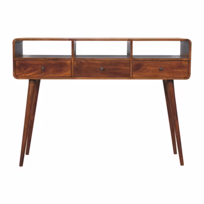 Artisan Furniture Bois massif Triple courbé châtaignier console, 3 tiroirs, 3 étagères, marron