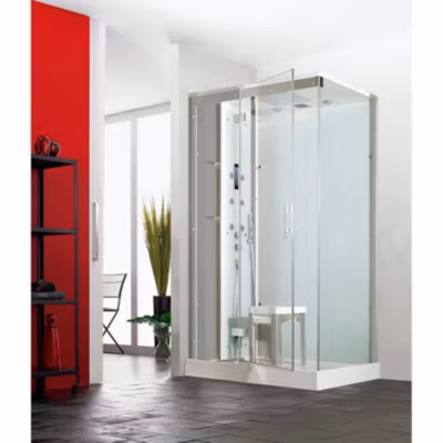 Cabine de douche hydromassante et hammam KINEDO HORIZON 120×120 hauteur receveur 17,5cm 1 coulissant finition acier