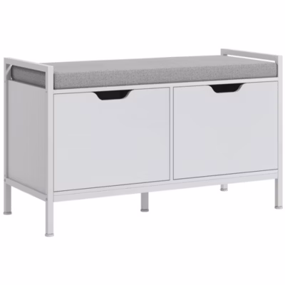 Banc à chaussures – 2 portes – coussin rembourré – gris blanc