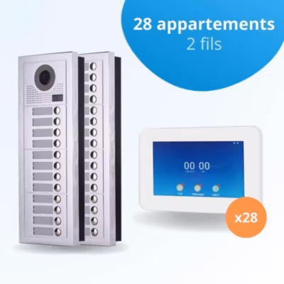 Portier interphone vidéo modern 2 fils – 28 appartements – 28 écrans tactiles connectés 7&Prime; blanc