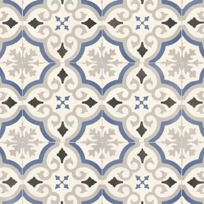Sol PVC Textile motif carreaux de ciment Bleu et gris – Rouleau de 4m x 5m