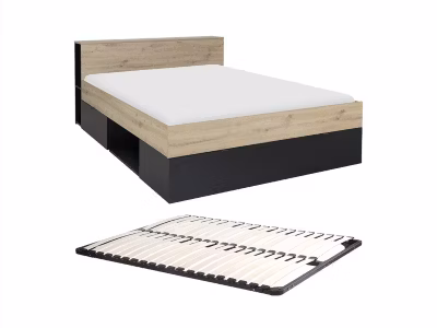 Lit 140 x 190 cm – 3 tiroirs et 6 niches – Naturel et noir + Sommier – CIKETO