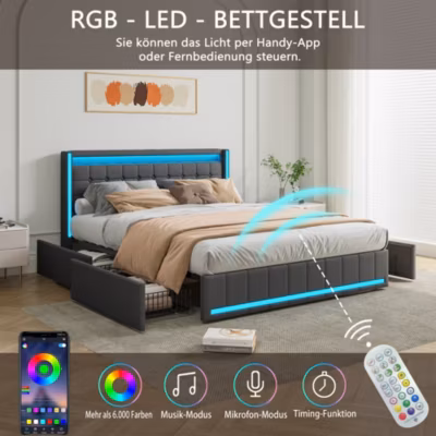 Lit 160×200 cm avec LED et ports USB Type C, lit Queen 160×200 cm avec sommier à lattes et 4 tiroirs, tissu en lin, gris foncé